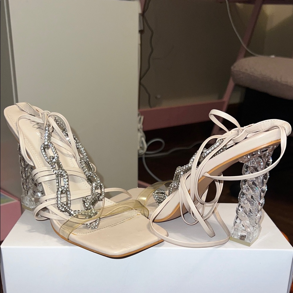 Mixx Shuz Cream Strappy Heels with Crystal Block